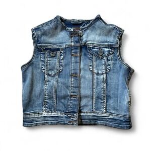 RUBBERBAND Stretch Women S Denim Jean Vest Light Wash Button Front Cropped